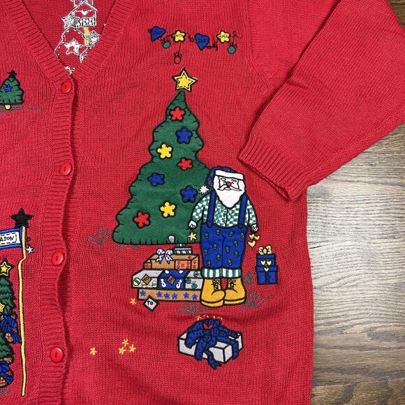Quacker Factory Sweater Womens Large Red Christmas Tree Santa Cardigan Ugly - Picture 4 of 11
